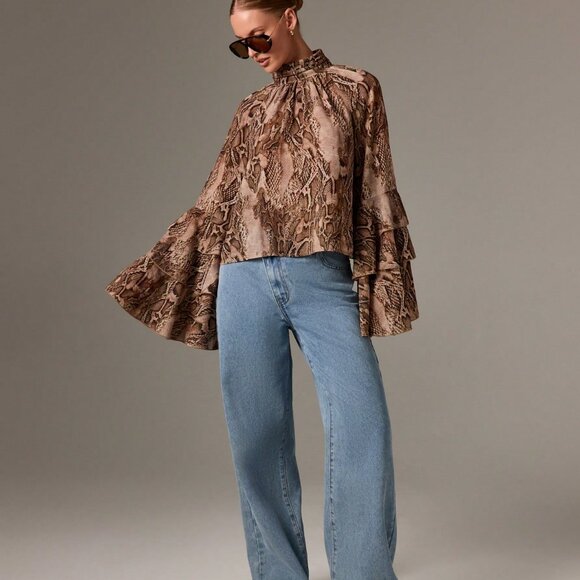 Elegant Multicolor Women's High Neck Long Sleeve Snake Print Blouse - Picture 3 of 5